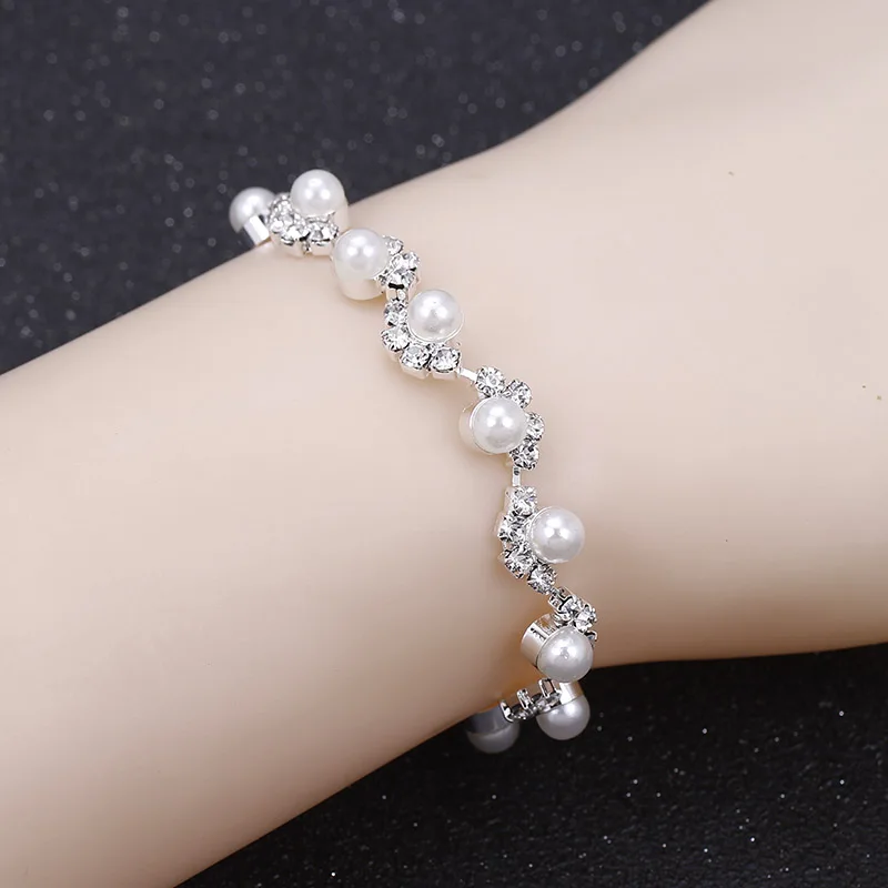 BLIJERY Silver Color Simulated Pearl Crystal Bridal Bracelets Geometric Shape Bracelets & Bangles For Women Wedding Jewelry Gift