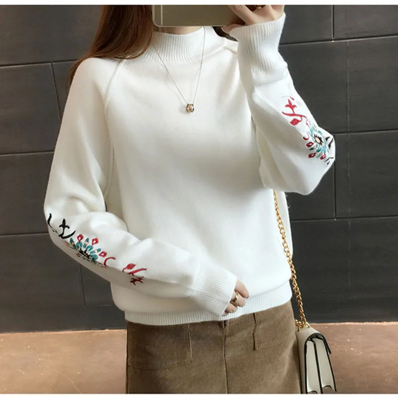 Embroidery Half Turtleneck Pullovers Sweater Women 2020 Autumn Winter Women Jumper  Knitted Bottoming Sweaters Femme Tops AA400