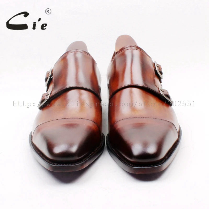 cie Square Cap Plain Toe Hand-Painted Brown Double Monk Straps 100% Genuine Calf Leather Italian Goodyear Welted  Men ShoeMS155