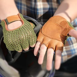 Gants en cuir véritable pour hommes, demi-doigt, peau de mouton, à la mode, tricoté, respirant, pour conduite, TB06