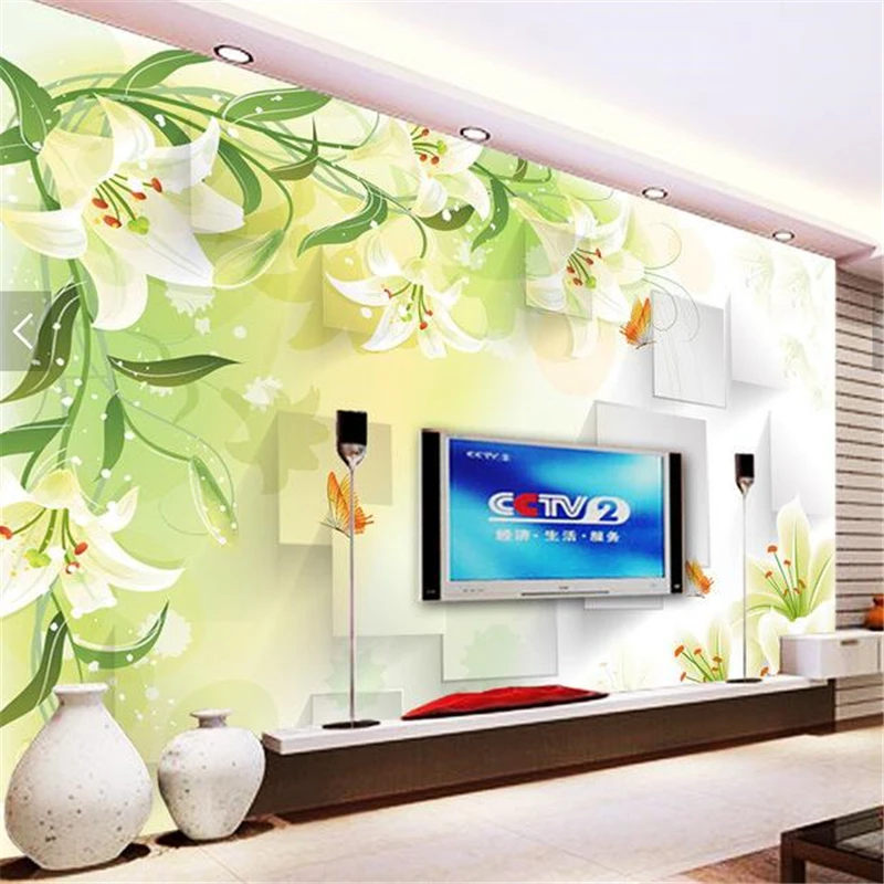 

beibehang Custom 3d photo wallpaper 3D stereoscopic Romantic Green lilies Flower marriage room TV backdrop modern living room