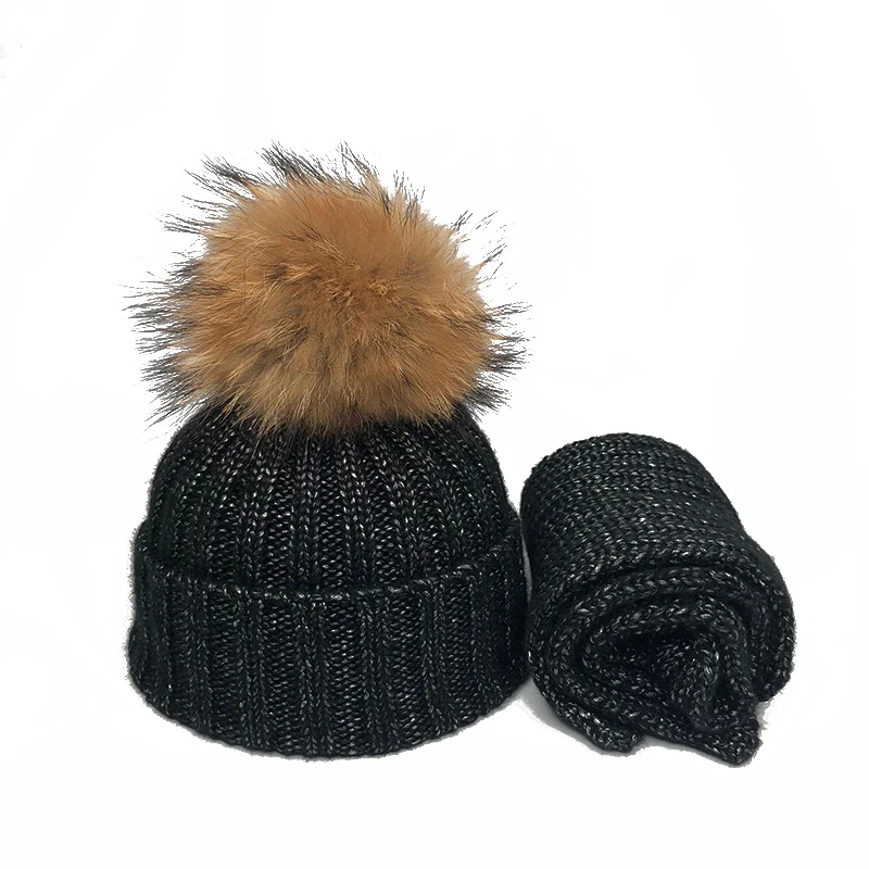 Kids Winter Hat Children Real Fur Pompom Knitted Beanie Hat Scarf 2 Pieces cotton skullies Boys GIrls Pompon Cap