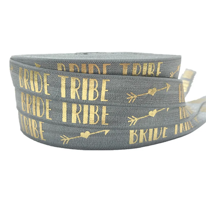 13 Colors Choose 50Y Gold Foil Bride Tribe Print Fold Over Elastic 5/8