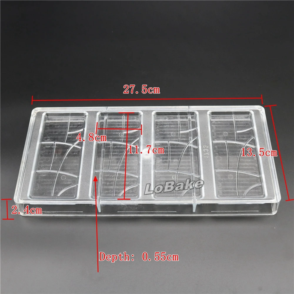 4 cavities 11.7*4.8*0.55cm big rectangle cube with pattern PC polycarbonate chocolate mold fondant candy moulds ice cube molds