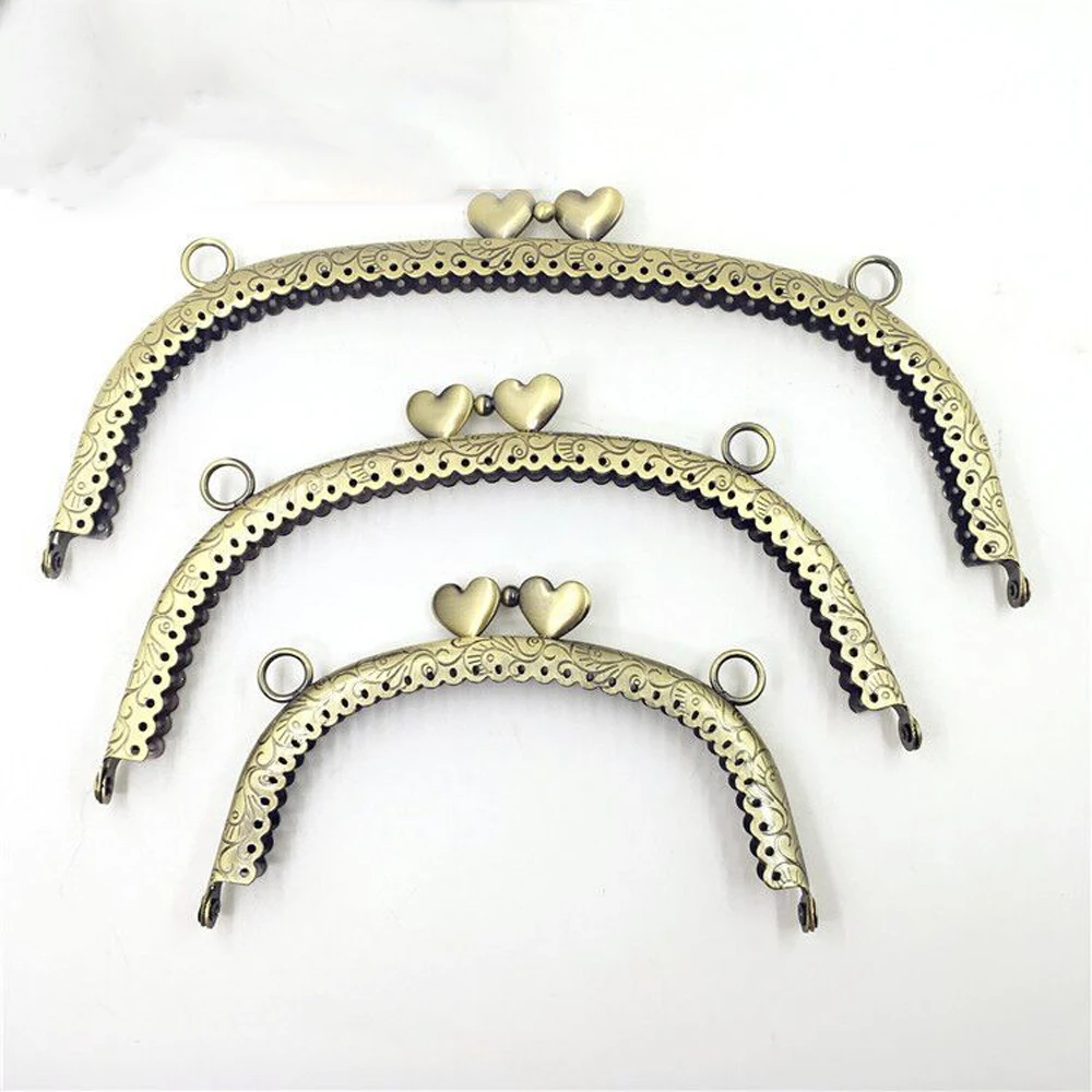 wholesale heart buckle embossed bronze color women metal purse frame 12.5cm 16.5cm 20.5cm 25cm bag clasp hardware 10pcs/lot