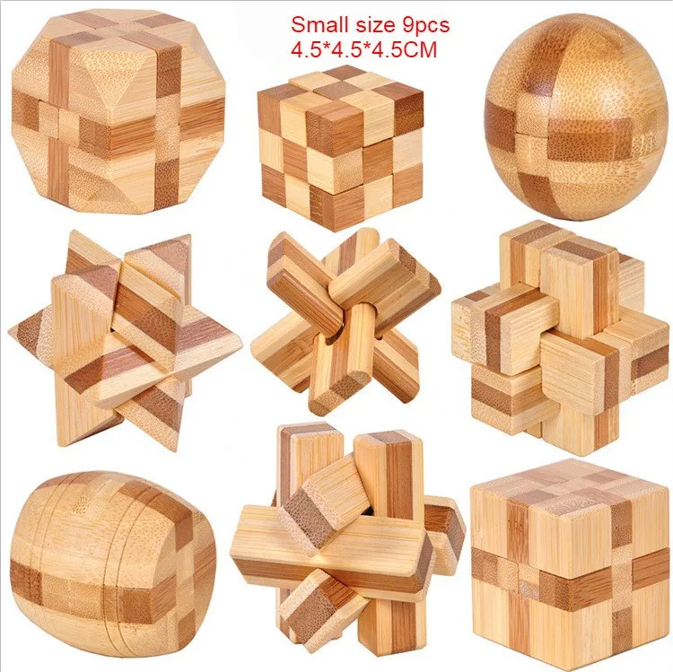 9 sztuk/zestaw Design mała łamigłówka IQ Bamboo Kong Ming Lock 3D drewniana blokada Burr gra łamigłówki zabawka dla dorosłych dzieci