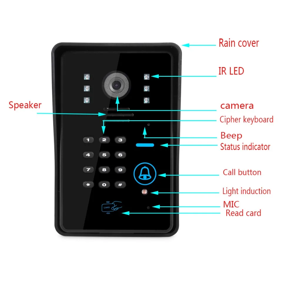 Password RFID Access Control 7\'\'Inch Wired Video Door Phone System Visual Video Intercom Doorbell Monitor Camera  For 1/2 monito