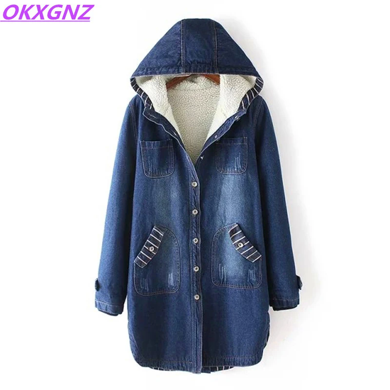 

2023 Winter Women Denim Jacket Fleece Coats Fashion Hooded Cotton Parkas Jean Overcoat Female Oversize Warm Casual Outerwear