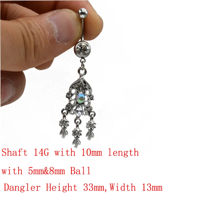 Showlove-1pc Different Steel& CZ gem Dangle Navel Belly Button Ring for Promotion Body Piercing Jewelry