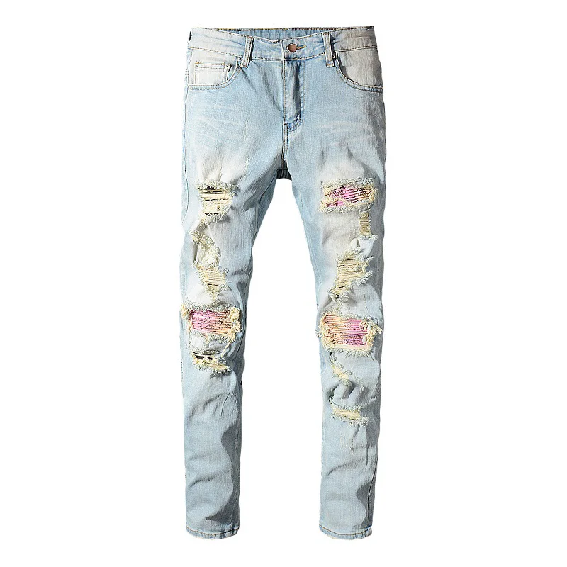 Jeans Sokotoo-biker com design de retalhos para homens, calça jeans rasgada azul clara com bandana e paisley estampada