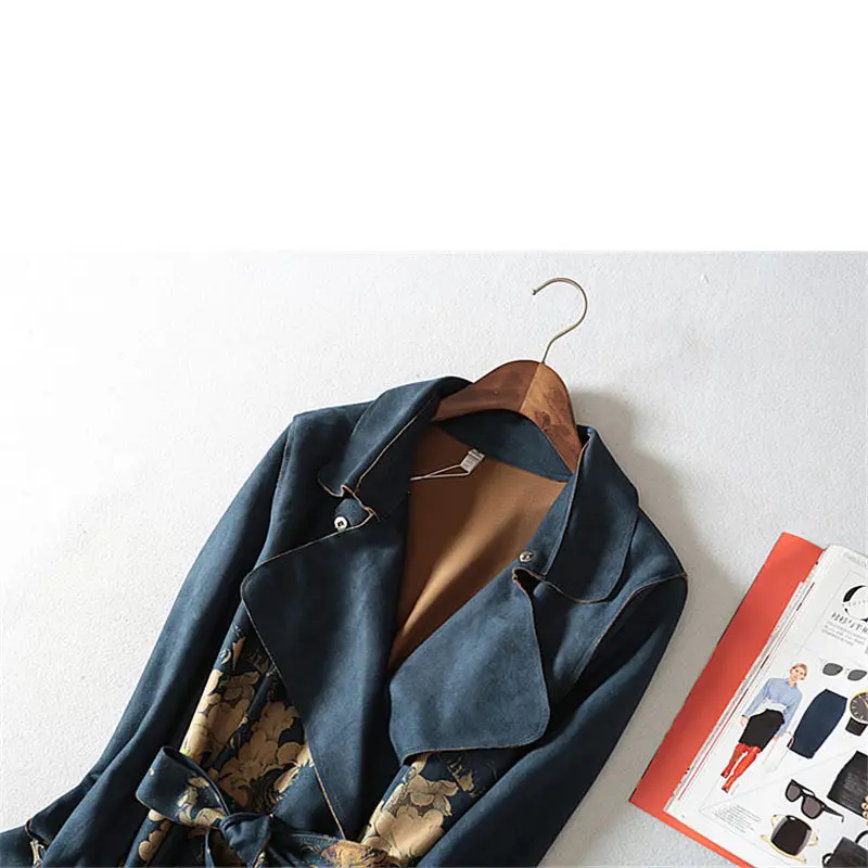 NEW Autumn and Winter Suede Long Sleeve Trench Coat Women Retro Slim Animal Pattern Long Windbreaker With Belt f1078