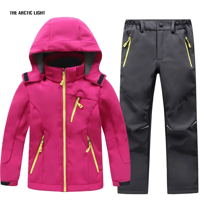 TRVLWEGO Herbst Kinder Camping Wandern Mantel Und Hose Set Kapuze Winter Student Winddicht Wasserdichte Outdoor Ski Jacke Hosen