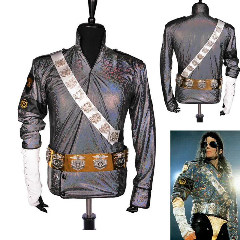 

Handmade MJ Michael Jackson BAD Dangerous Jam Laser Jacket Belt Set Performance Gift Imitation Show Music Star Collection