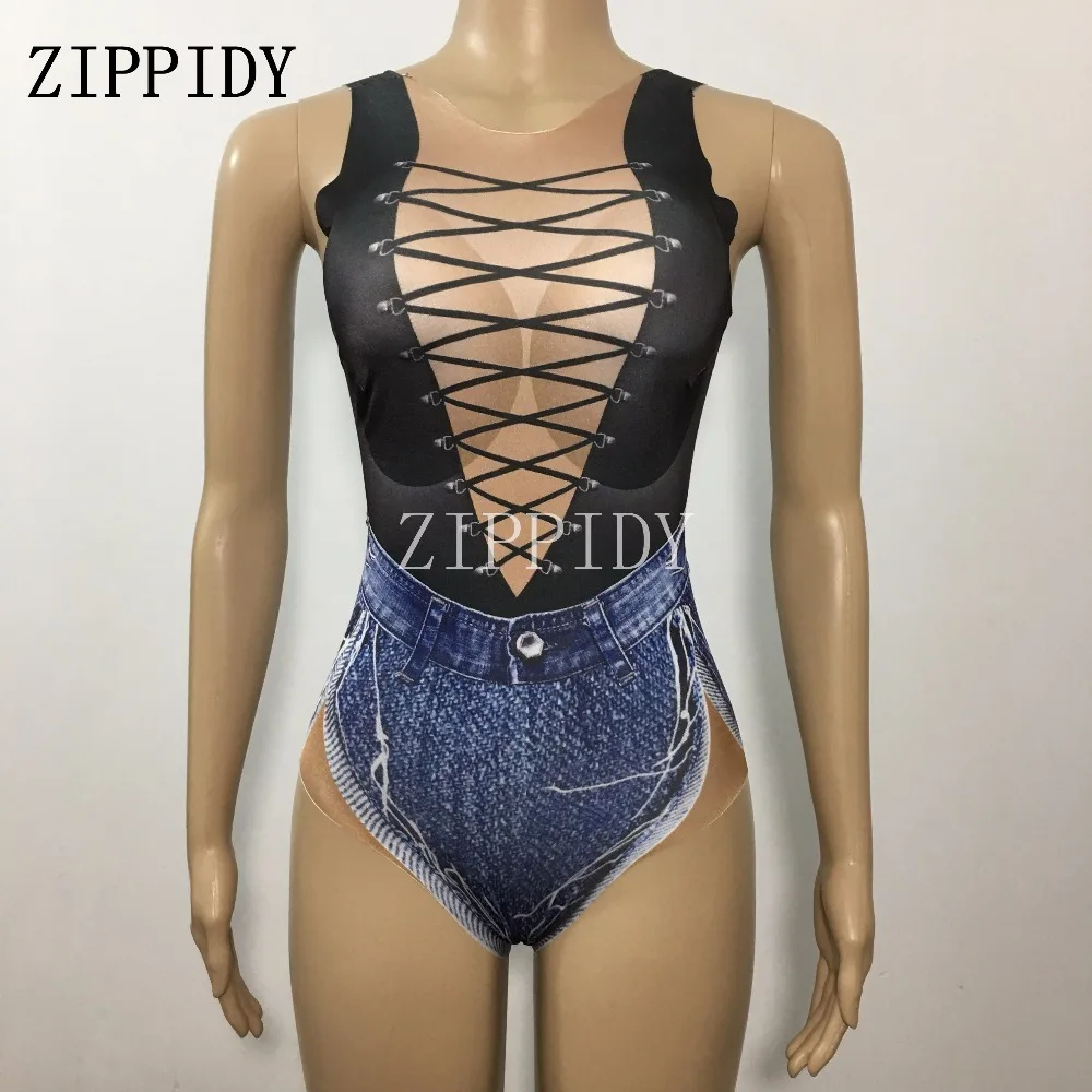 Sexy Black Bandage Jeans Printed Bodysuit Female Singer Stage Costume Stretch Denim Leotard Nightclub Party Celebrate Clothing