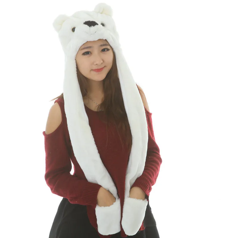 Polar Bear Cartoon Animal Plush Hat Children\'s Winter Warm Cap Combined Scarf and Glove