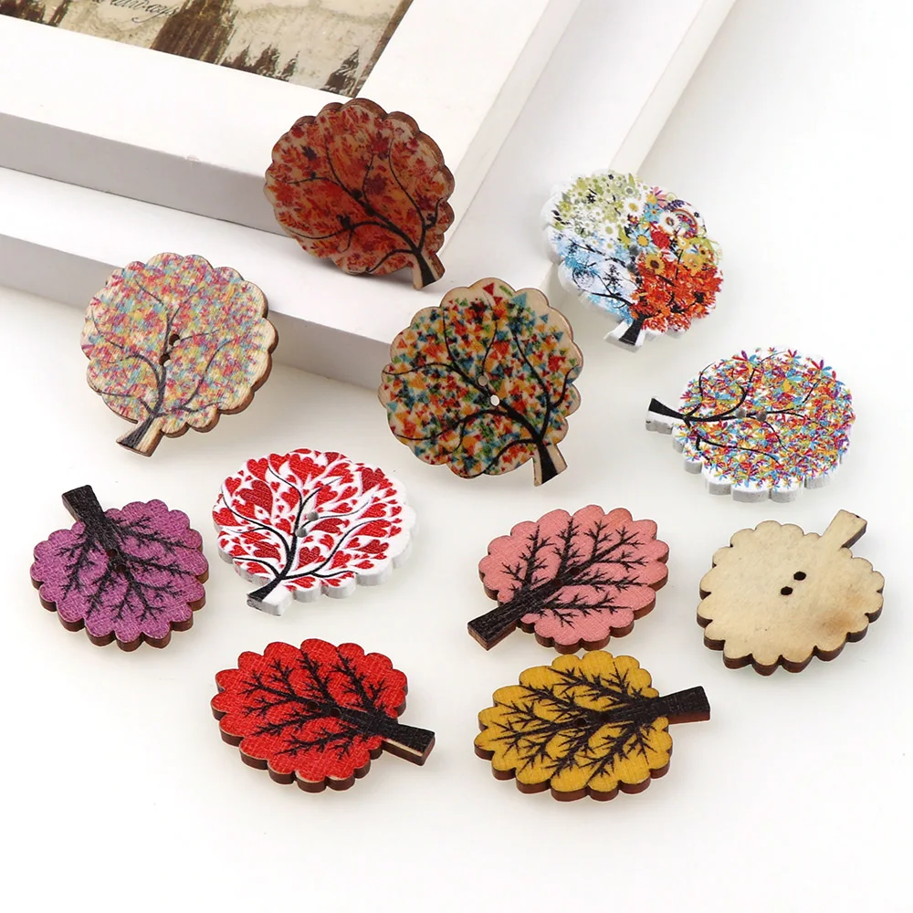 Colorful Green Tree Wooden Decorative Buttons 2 Holes 30pc Series Wood Buttons Sewing Scrapbooking For Child Clothes