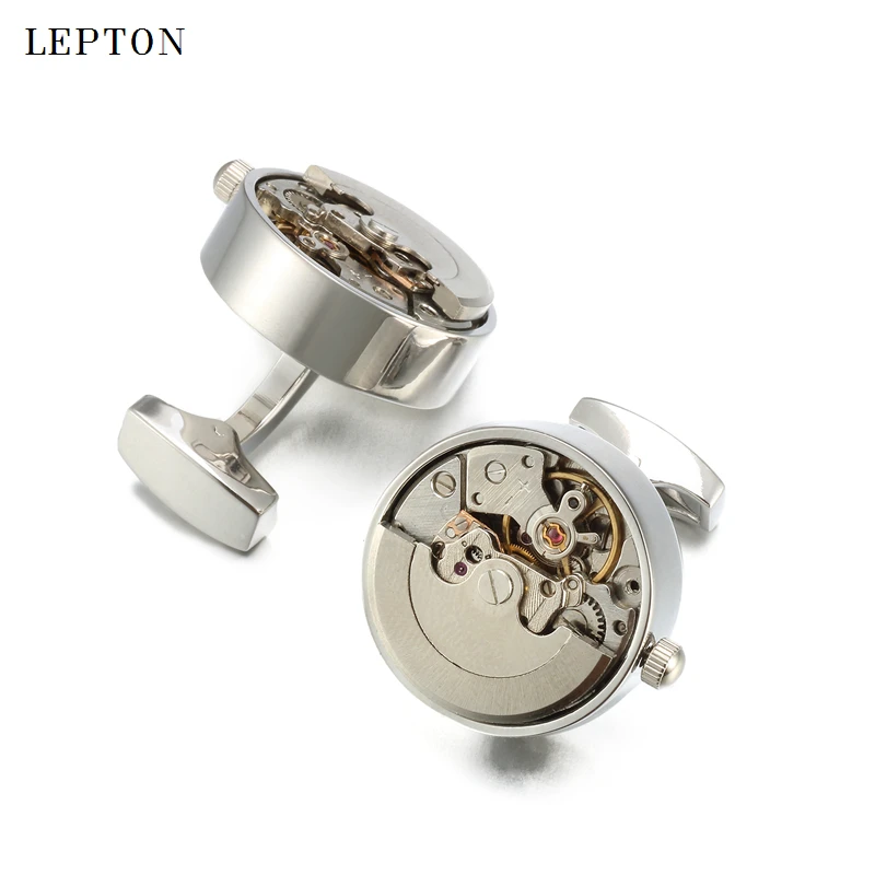 High quality Functional Watch Movement Cuff links Lepton Brand Stainless Steel Steampunk Gear Watch Mechanism Cufflinks for Mens