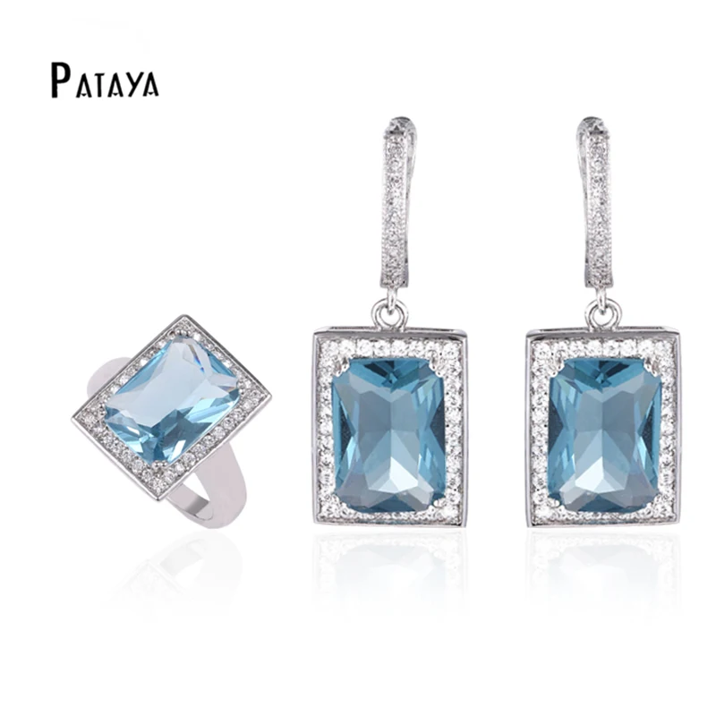 PATAYA New Fashion Jewelry Sets True White Gold Color Blue Natural Zircon Ring Earrings Sets Wedding Decoration Fine Jewelry Set