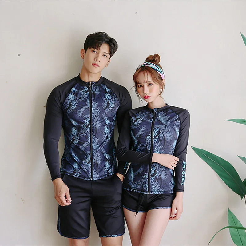 Men\'s 2pcs /Women\'s 3pcs Set Zip Front Long Sleeve Top and Bottoms, Rashguards Swimsuit, Swim Sun Shirt, Trunks Matching Couples