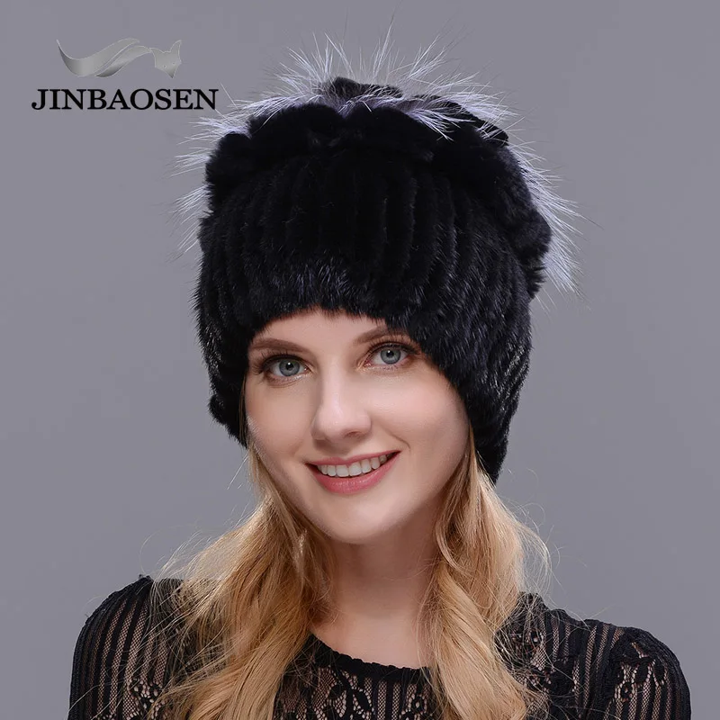 JINBAOSEN  New Style Fur Hat Black Wholesale Mink Fur Fox Fur Hat Winter Warm Woman\'s Fashion Shopping Leisure Ski Cap