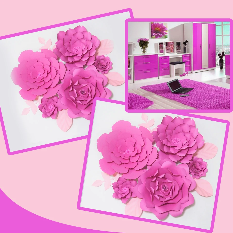 

DIY Giant Paper Flowers Fleurs Artificielles Backdrop Artificial Rose 5pcs+4 Leaves Wedding Party Decor Nursery Rose 15-50CM