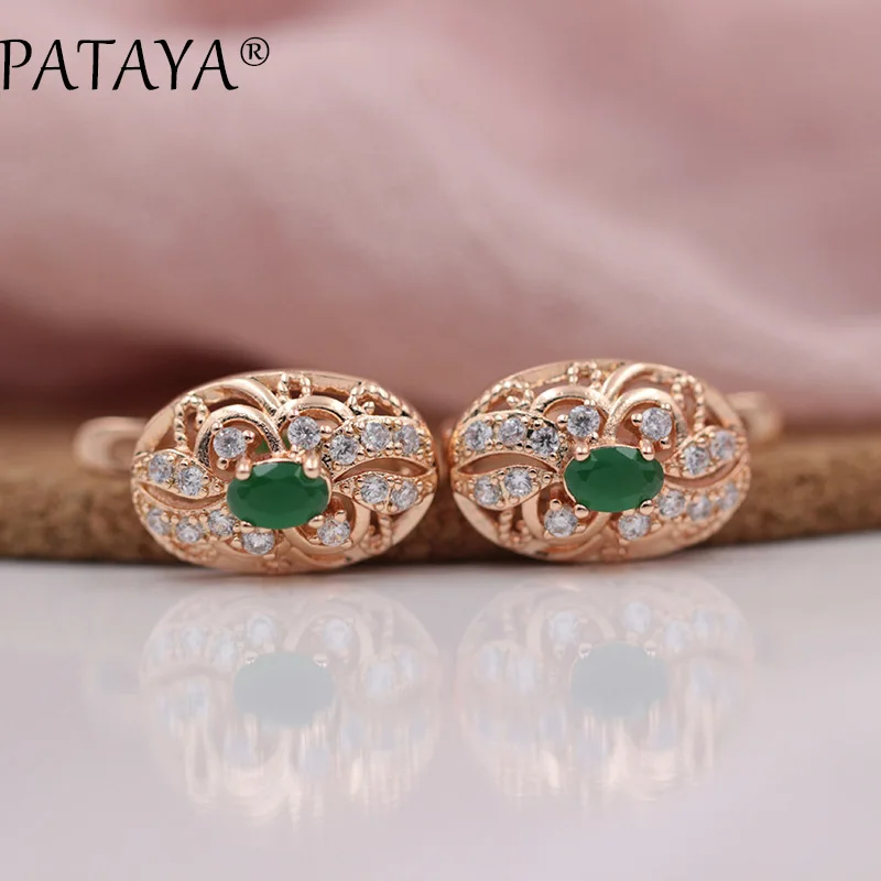 PATAYA New Listed Oval Green Natural Zircon Drop Earrings Women 585 Rose Gold Color Wedding Romantic Hollow Jewelry Multicolor