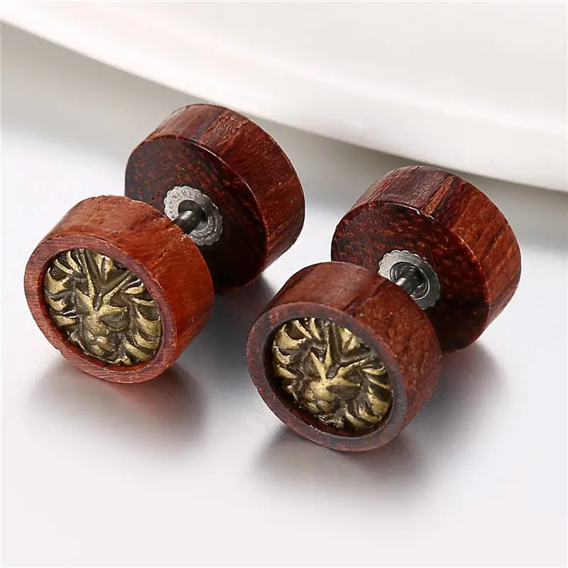 BONISKISS Women Wooden Stud Earrings boucle d\'oreille femme 2020 Double Sided Round Life Tree  Men Punk Gothic Barbell Earrings