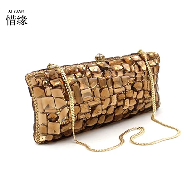 XIYUAN-Bolso de mano con diamantes de imitación para mujer, bolsa de noche con piedras, color marrón, para fiesta, Boda nupcial