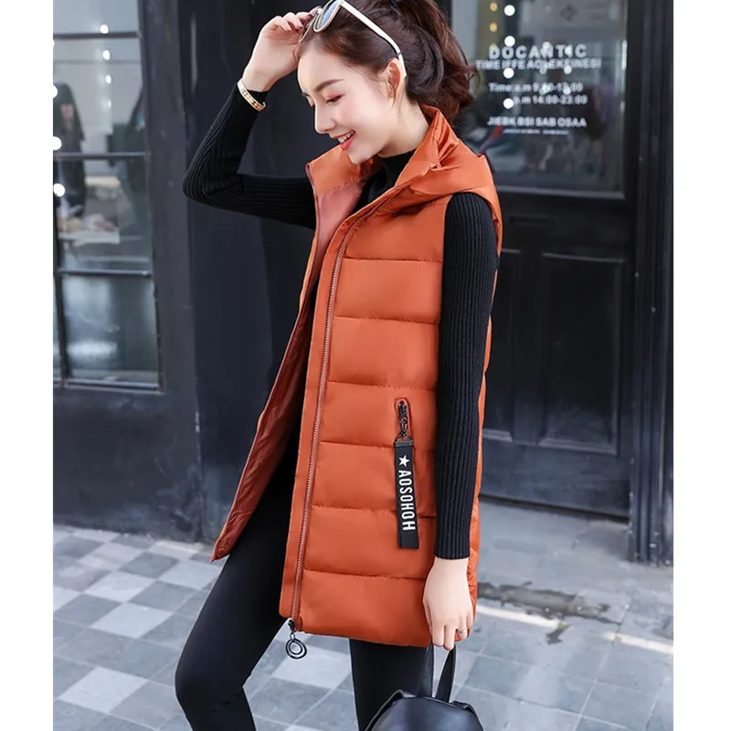 UHYTGF Korean Women Winter Down Cotton Jackets 2022 Loose Size Long Sleeveless Warm Top Fashion Hooded Chic Girl Parker Vest 427