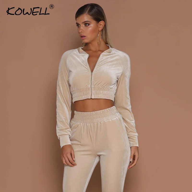 Hot Sale Autumn Two Pieces Bodycon Jumpsuits For Women Overalls Long Sleeve Velvet Zipper Bodysuit Cropped Top Casual Full Pants