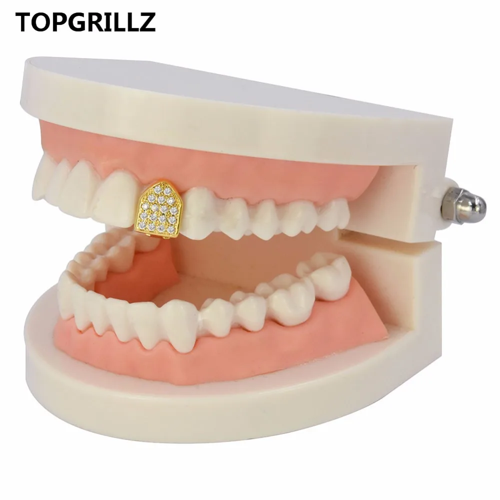 TOPGRILLZ Hip Hop Teeth Grillz Pure Gold Color Plated Single Cap Micro Pave CZ Cubic Zirconia Top Tooh Grills Bling Grill