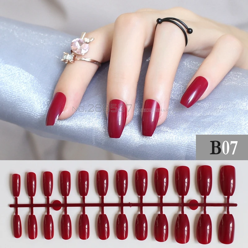 Pure colour New Ballerina False nails Designs Deep burgundy Fashion Cover Nail  Flat Tips decorating Coffin Fake nail 24pcs B07