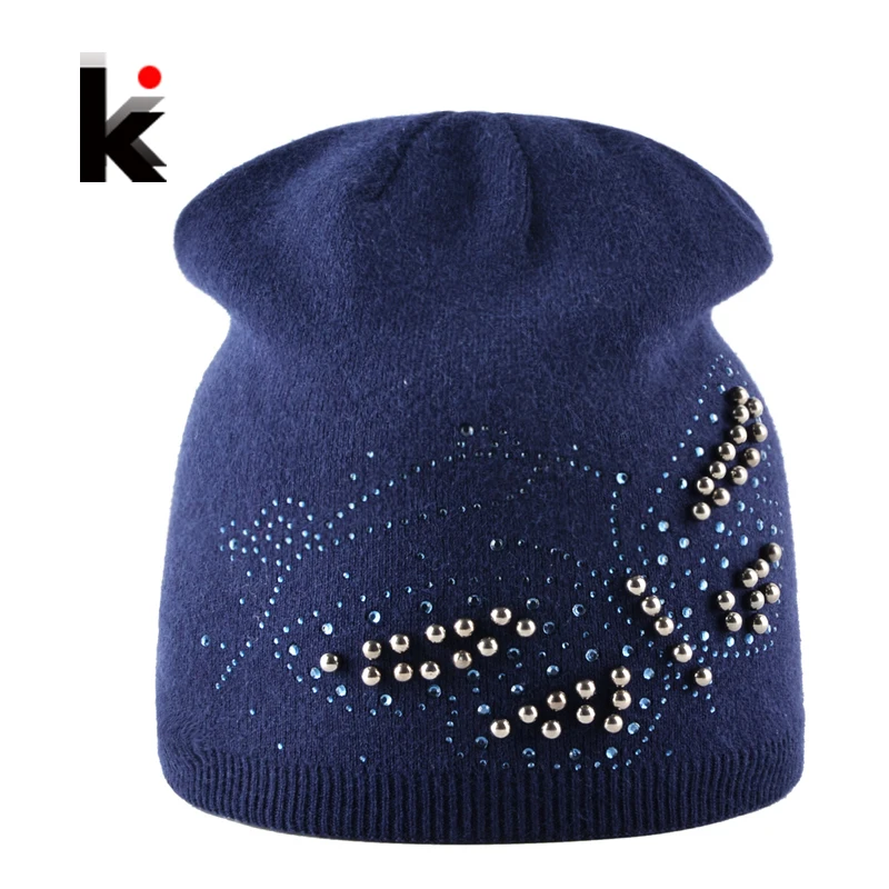 Ladies Knitted Bonnet Beanies Cap Women Pearls Butterfly Rhinestone Rabbit Wool Hat For Girls Autumn And Winter Female Skullies