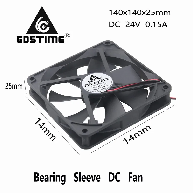 5 Pieces Gdstime Big Airflow 24v 14cm 140mm x 25mm Brushless DC Cooling Cooler Fan 140mm*140mm*25mm 14025s 2 Wires