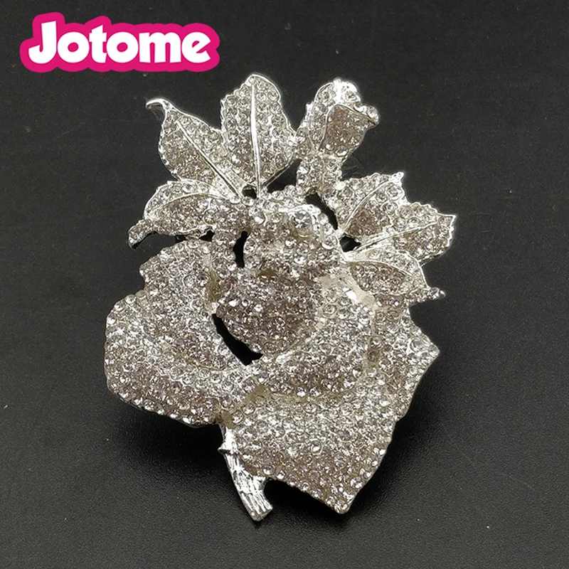 

100pcs lot/Free shipping silver tone clear crystal 60mm large Rose flower brooch pins