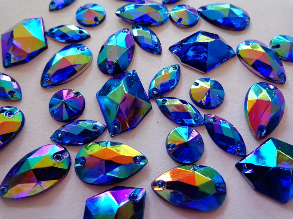 Big promotion 300pcs mixed shape size sew on rhinestones deep blue AB colour Acrylic Crystal loose Beads hand sewing strass