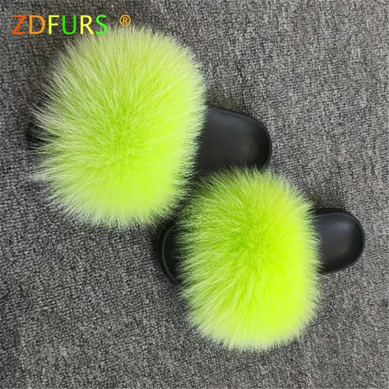 ZDFURS 2019 Fashion Fox Fur Slippers  Real Fur Slides Summer Flip Flops Casual Vogue Fox Fur Sandals Vogue Plush Shoes Wholesale