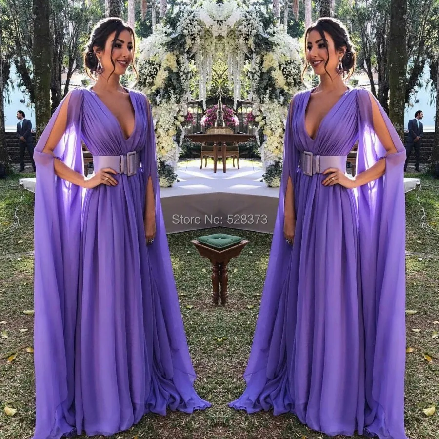 YNQNFS IED17 A-line Chiffon V Neck Purple Kaftan Evening Party Dress Gowns Cloak Cape Long Sleeves