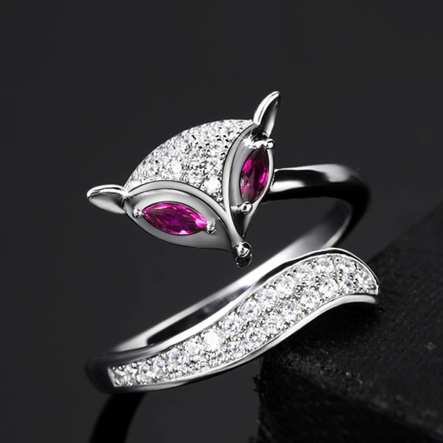 Open Size Rhinestone Silver color Fox Rings with Fushia Pink Stone Eye Adjustable Animal Finger Ring for Women Jewelry AliExpress