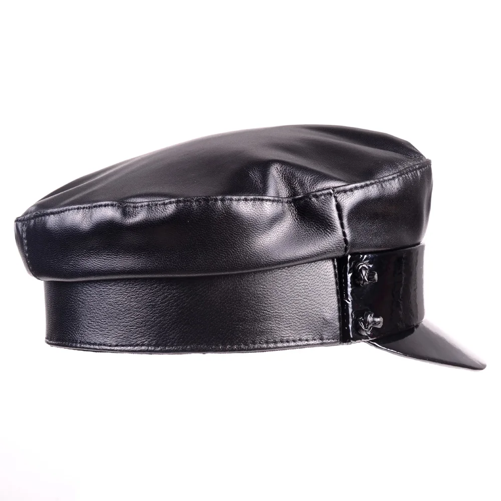 Nouvelles Femmes en cuir Véritable de Brevet En Cuir Brillant Noir Béret Gavroche Militry Armée/Marine casquettes/chapeaux