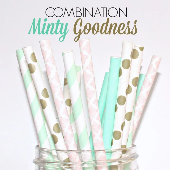 100 Pcs Mixed Colors MINTY GOODNESS Party Paper Straws,Light Pink Damask,Mint Stripe,Plain,Gold Dot,Bridal/Baby Shower,Wedding