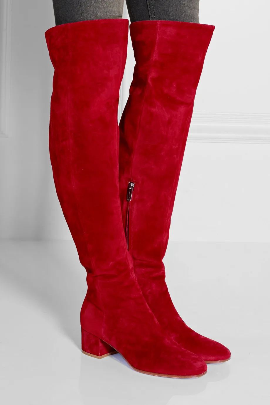 Real Pic Winter Red Suede Round Toe Over The Knee Boots  Thick Heels Woman Fashion Tight High Boots Winter Long Boots