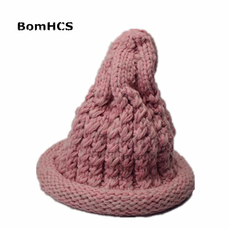 BomHCS Cute Cone-shaped Witch Beanie Winter Warm 100% Handmade Knitted Pointy Hat Women's Fashion