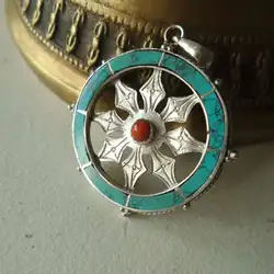 Tibetan Mandala Kingkong Wheel Amulets 925 Silver Inlaid Turquoise Pendants Nepal Handmade Vintage Jewelry T9152