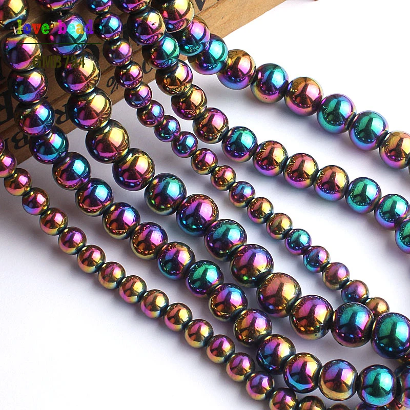 2/3/4/6/8/10mm Natural Stone Rainbow Plated Hematite Round Loose Spacer Beads For Jewelry Making DIY Bracelets Necklace 15\'\'
