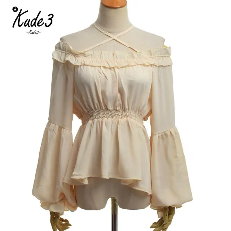 Vintage Female Gothic Lolita Blouse High Waist Long Sleeve Boat Neck Flounce Chiffon Shirt Elegant Undershirt Lolita Blouse 8446