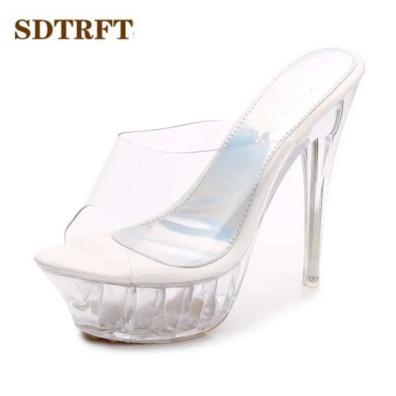 SDTRFT flip flops PLUS:35-43 Summer Crystal Platform 14cm Thin High Heels Fashion Stiletto Sandals Transparent Shoes Woman pumps