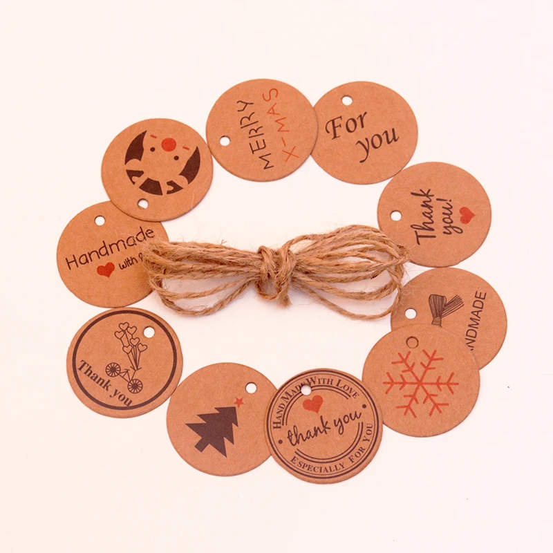 100pcs/lot Kraft Print Christmas Trees Paper Labels Beautiful Round Shape Tags 3.5cm for Party Christmas Cake Gifts Decoration