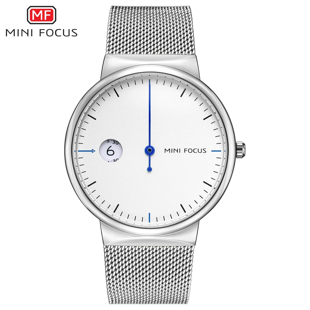 MINI FOCUS Men\'s Business Quartz Watches Mesh Strap Stainless Steel 3 Bar Waterproof Simple Wristwatch Man Relogios 0182G White