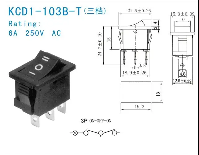 6A 250VAC 21*15mm  3P 3T rockey switch / ship switch